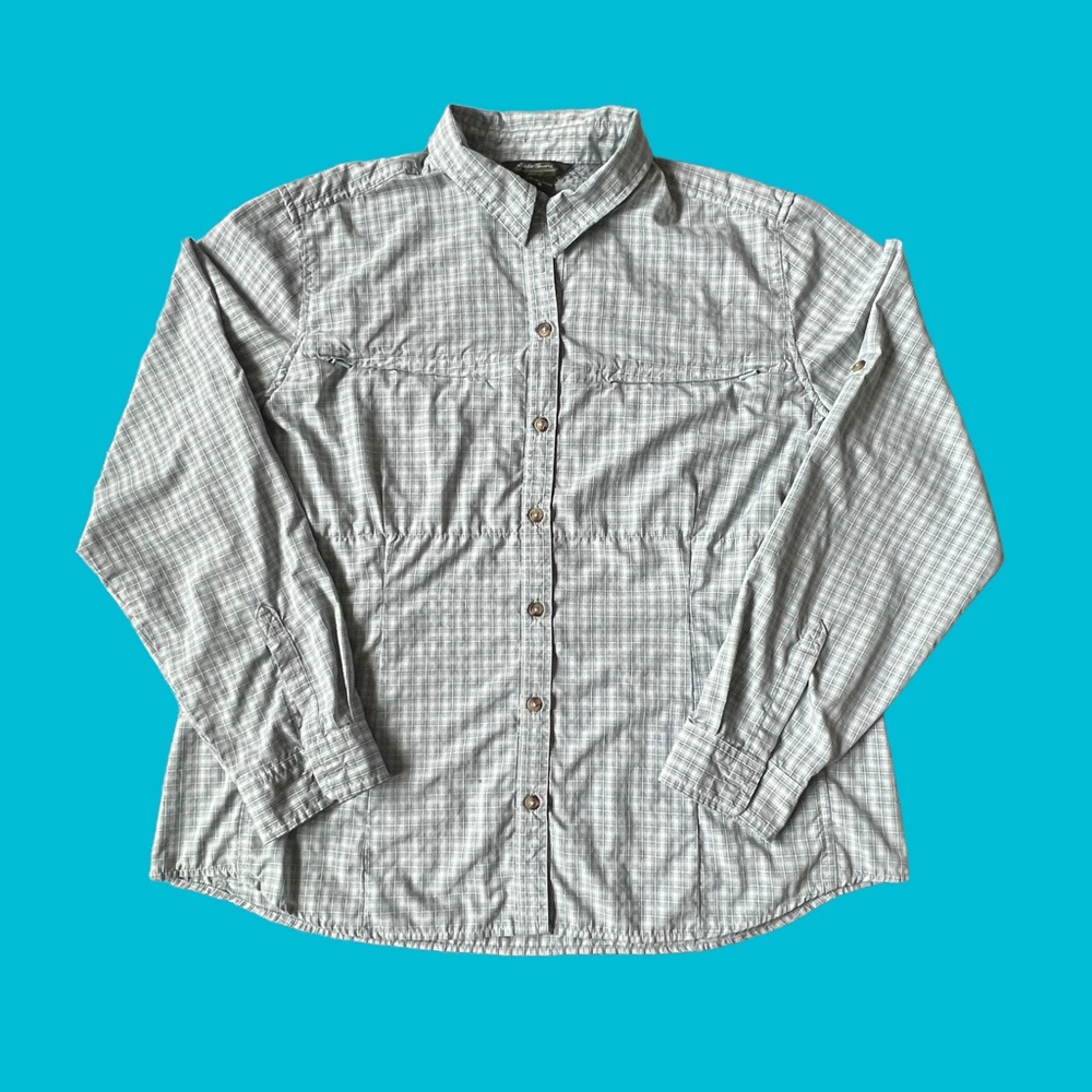 Eddie Bauer Button Shirt Light Blue Plaid Lightweight Nylon Poly Women Size XL